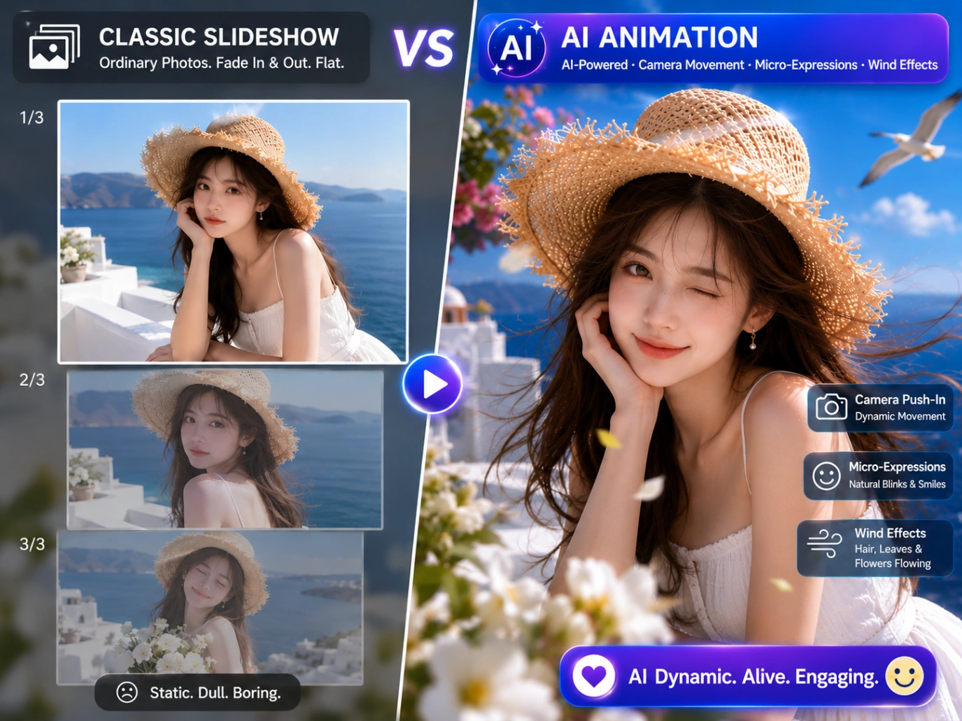 Comparison between static photo slideshow and dynamic AI video animation.